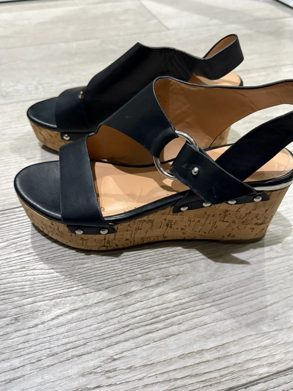 Marc Fisher Black Leather Wedge Slingback Sandals